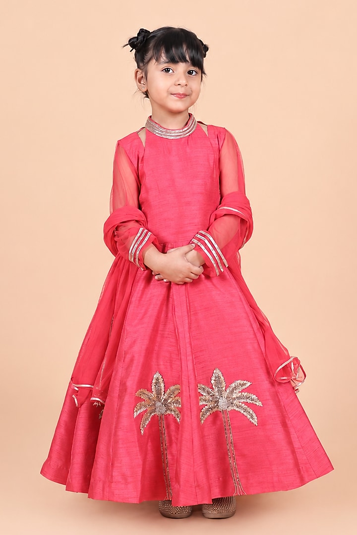 Red Dupion Silk Embroidered Anarkali Set For Girls by TURQIDZ at Pernia's Pop Up Shop