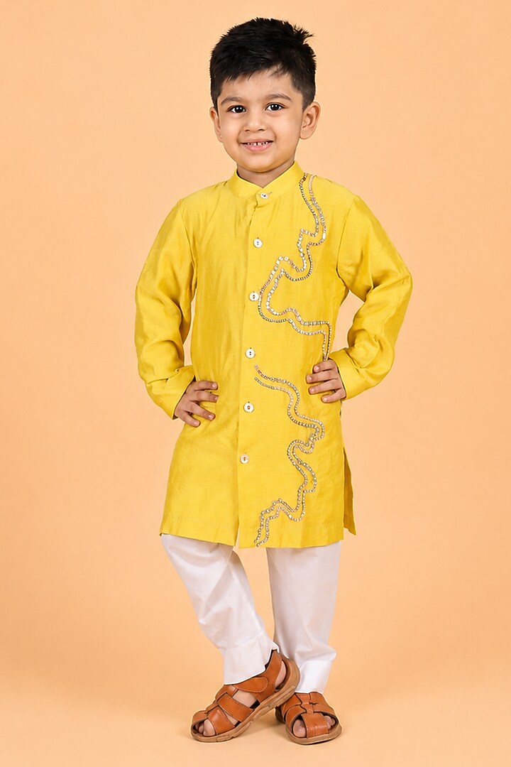 Yellow Chanderi Embroidered Kurta Set For Boys by TURQIDZ at Pernia's Pop Up Shop