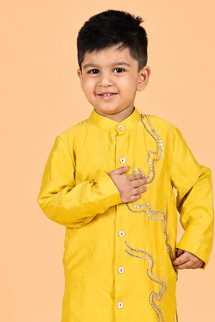 Yellow Chanderi Embroidered Kurta Set For Boys by TURQIDZ at Pernia's Pop Up Shop