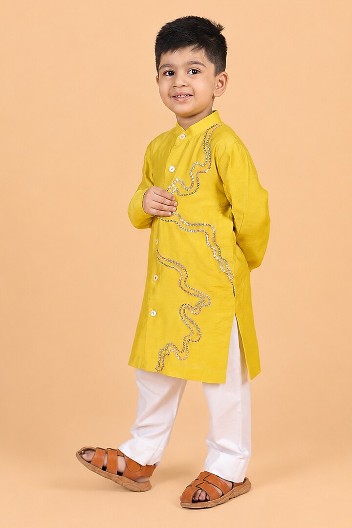 Yellow Chanderi Embroidered Kurta Set For Boys by TURQIDZ at Pernia's Pop Up Shop