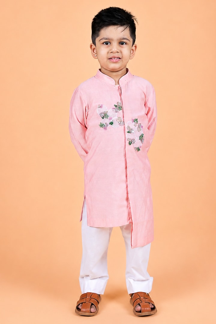 Baby Pink Chanderi Embroidered Kurta Set For Boys by TURQIDZ at Pernia's Pop Up Shop