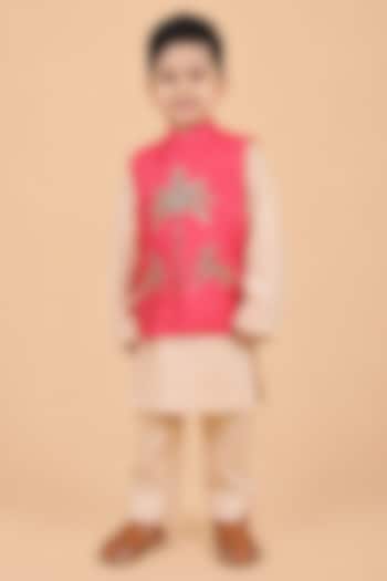 Red Dupion Silk Embroidered Bundi Jacket Set For Boys by TURQIDZ at Pernia's Pop Up Shop