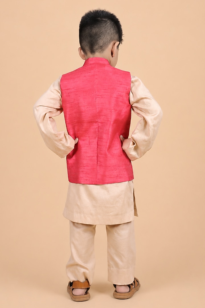 Red Dupion Silk Embroidered Bundi Jacket Set For Boys by TURQIDZ at Pernia's Pop Up Shop