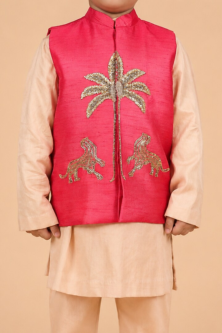 Red Dupion Silk Embroidered Bundi Jacket Set For Boys by TURQIDZ at Pernia's Pop Up Shop