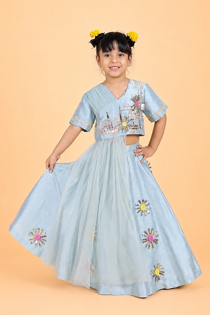 Ice Blue Dupion Silk 3D Embroidered Lehenga Set For Girls by TURQIDZ at Pernia's Pop Up Shop