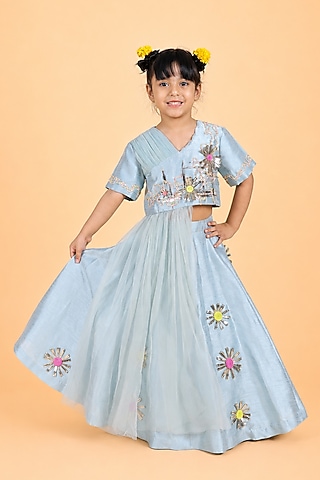 Ice Blue Dupion Silk 3D Embroidered Lehenga Set For Girls by TURQIDZ