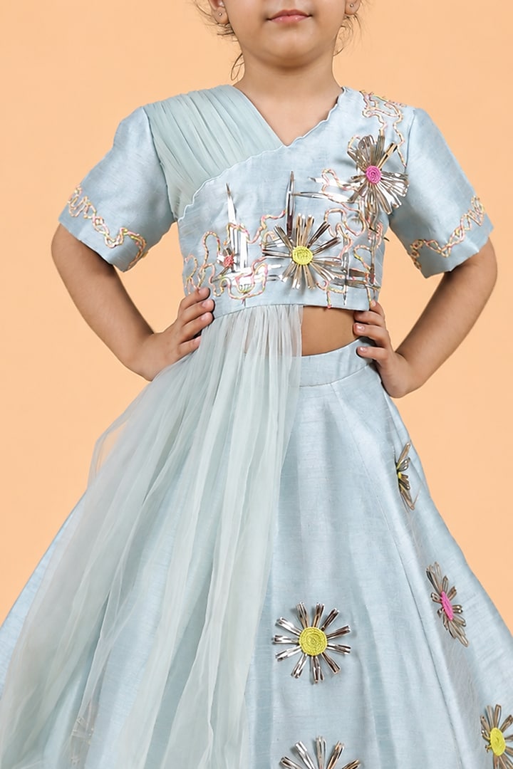 Ice Blue Dupion Silk 3D Embroidered Lehenga Set For Girls by TURQIDZ at Pernia's Pop Up Shop