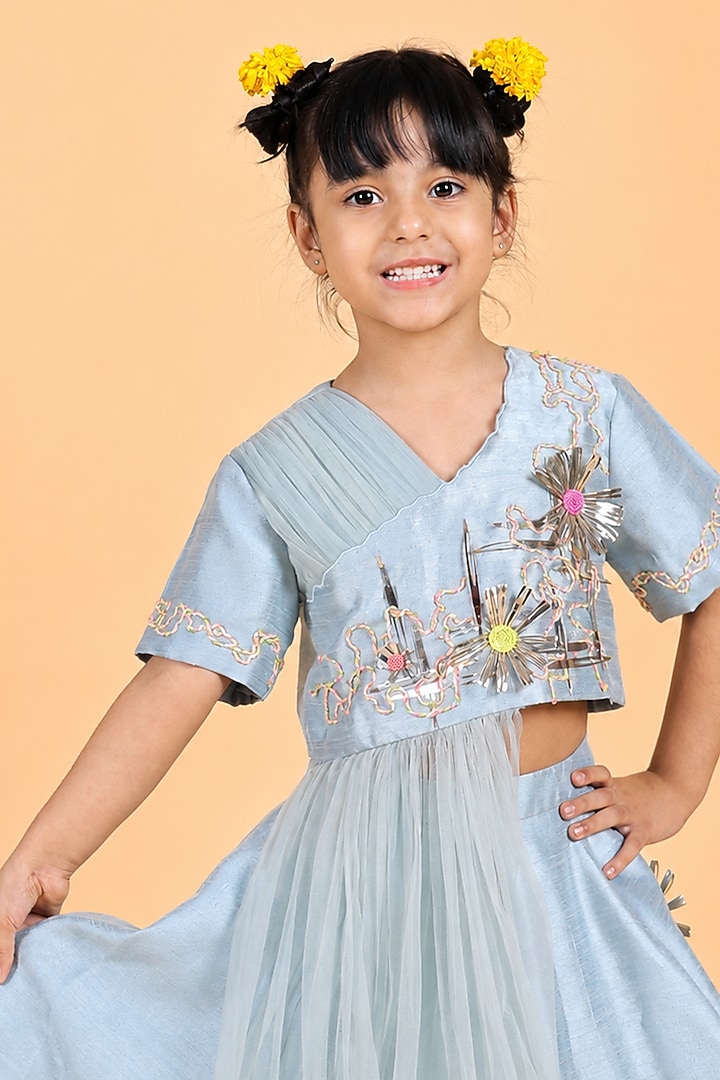 Ice Blue Dupion Silk 3D Embroidered Lehenga Set For Girls by TURQIDZ at Pernia's Pop Up Shop