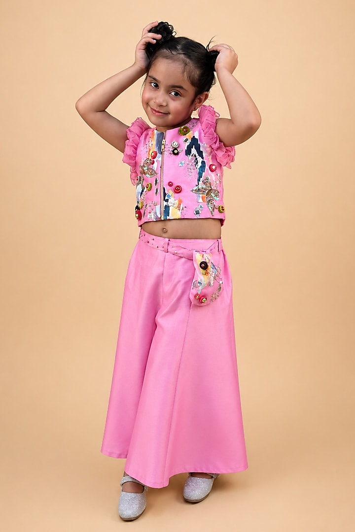 Bubblegum Pink Dupion Silk Embroidered Co-Ord Set For Girls by TURQIDZ at Pernia's Pop Up Shop