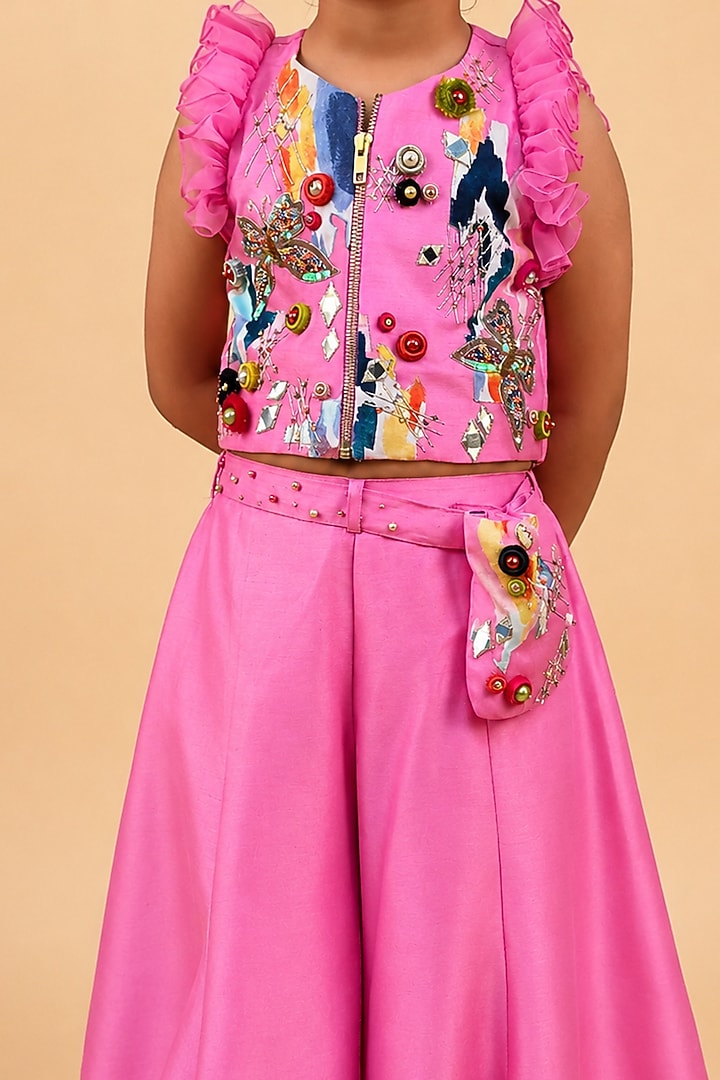 Bubblegum Pink Dupion Silk Embroidered Co-Ord Set For Girls by TURQIDZ at Pernia's Pop Up Shop