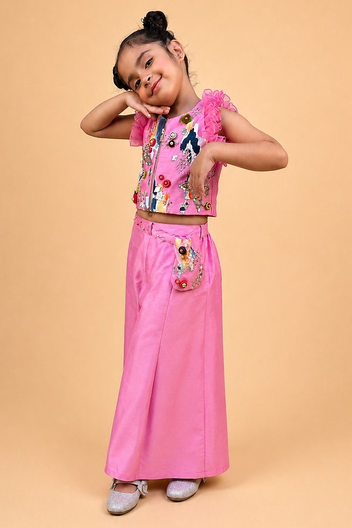 Bubblegum Pink Dupion Silk Embroidered Co-Ord Set For Girls by TURQIDZ at Pernia's Pop Up Shop