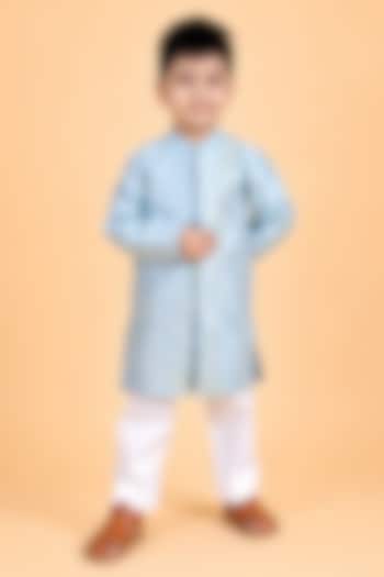 Ice Blue Dupion Silk Embroidered Sherwani Set For Boys by TURQIDZ at Pernia's Pop Up Shop