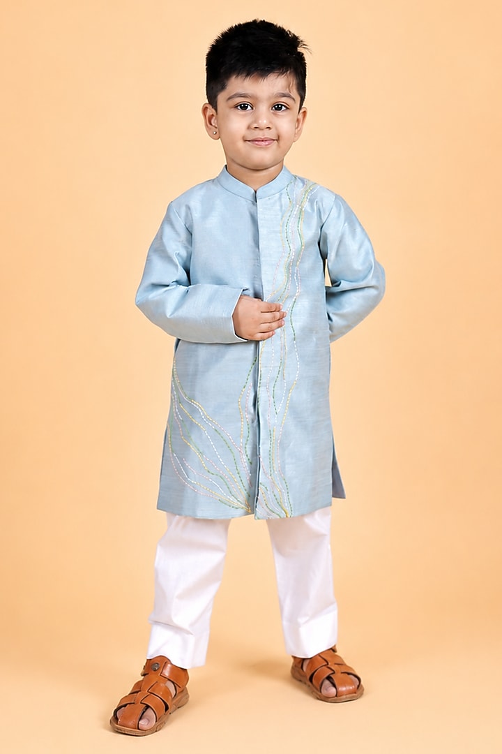 Ice Blue Dupion Silk Embroidered Sherwani Set For Boys by TURQIDZ at Pernia's Pop Up Shop