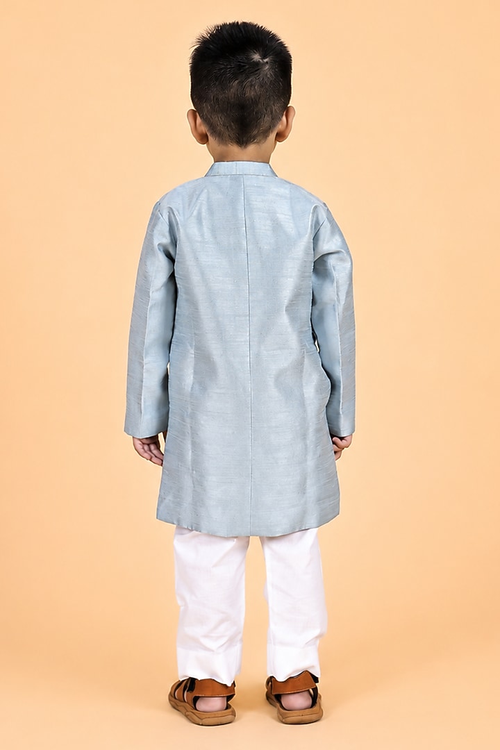 Ice Blue Dupion Silk Embroidered Sherwani Set For Boys by TURQIDZ at Pernia's Pop Up Shop