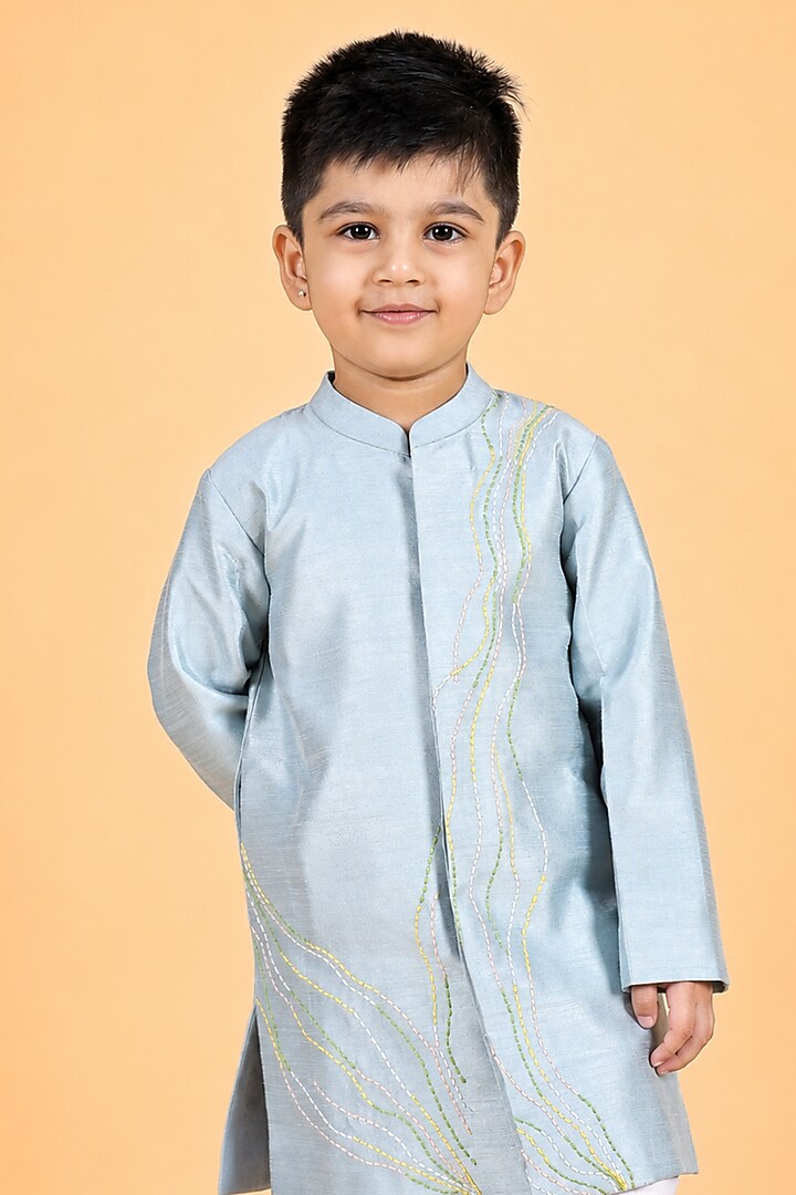 Ice Blue Dupion Silk Embroidered Sherwani Set For Boys by TURQIDZ at Pernia's Pop Up Shop