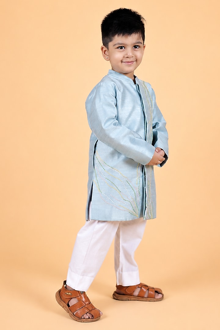 Ice Blue Dupion Silk Embroidered Sherwani Set For Boys by TURQIDZ at Pernia's Pop Up Shop
