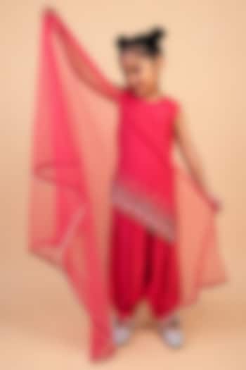 Punch Pink Cotton Chambray Embroidered Tunic Set For Girls by TURQIDZ at Pernia's Pop Up Shop