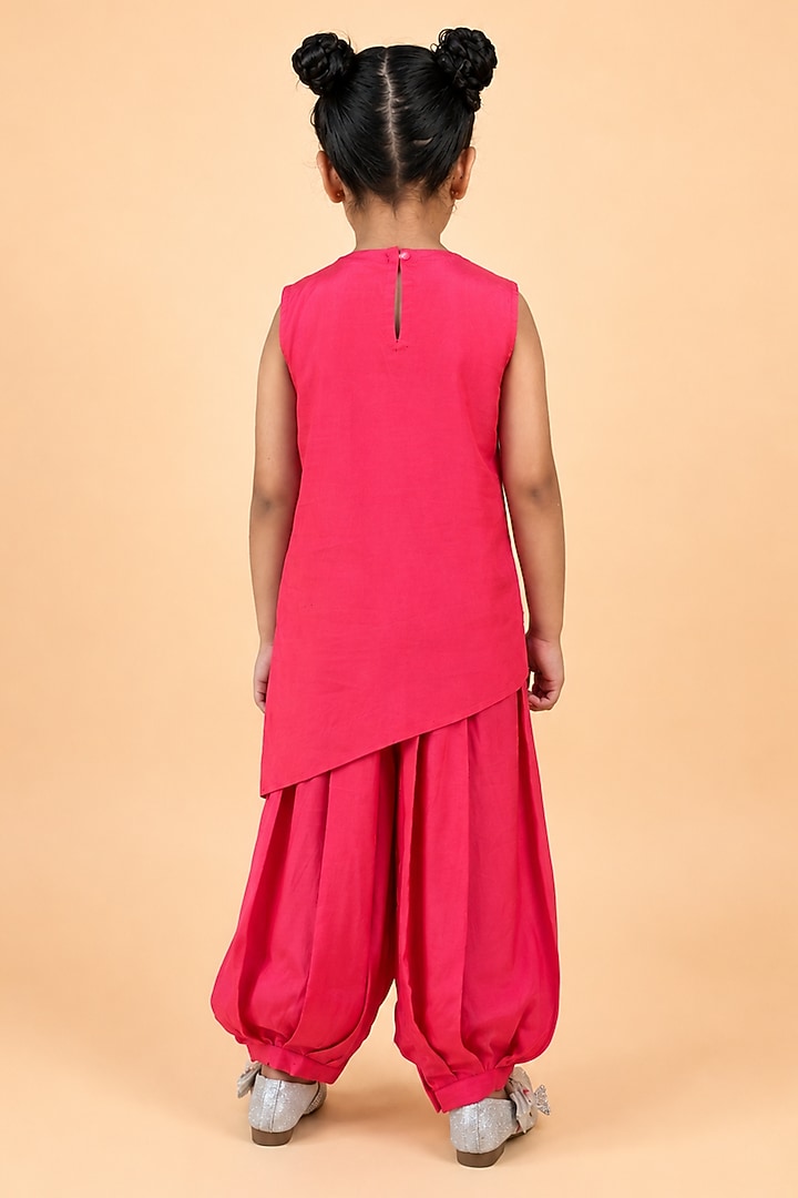 Punch Pink Cotton Chambray Embroidered Tunic Set For Girls by TURQIDZ at Pernia's Pop Up Shop