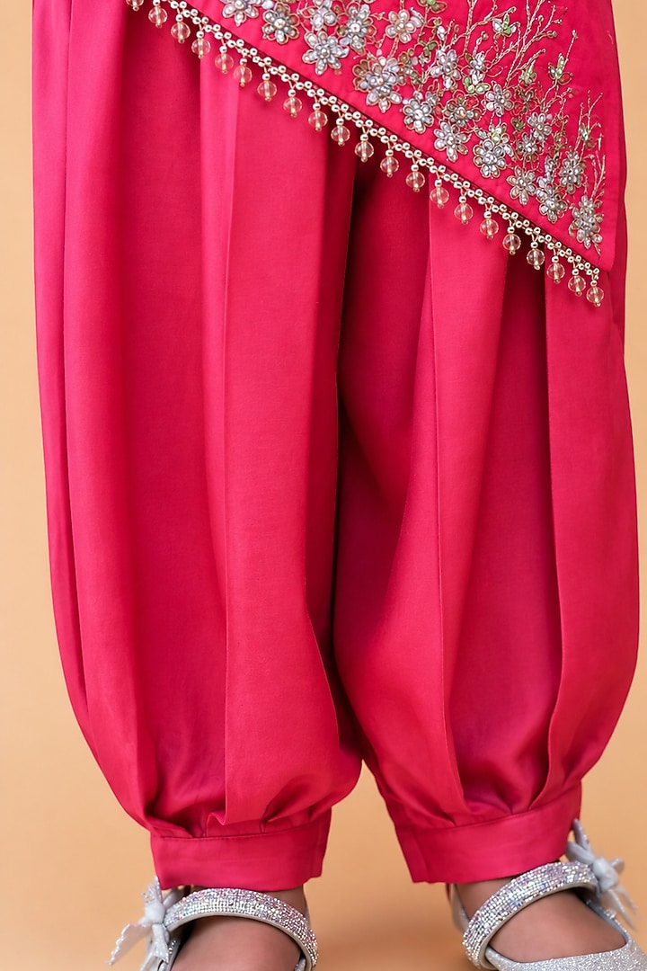 Punch Pink Cotton Chambray Embroidered Tunic Set For Girls by TURQIDZ at Pernia's Pop Up Shop