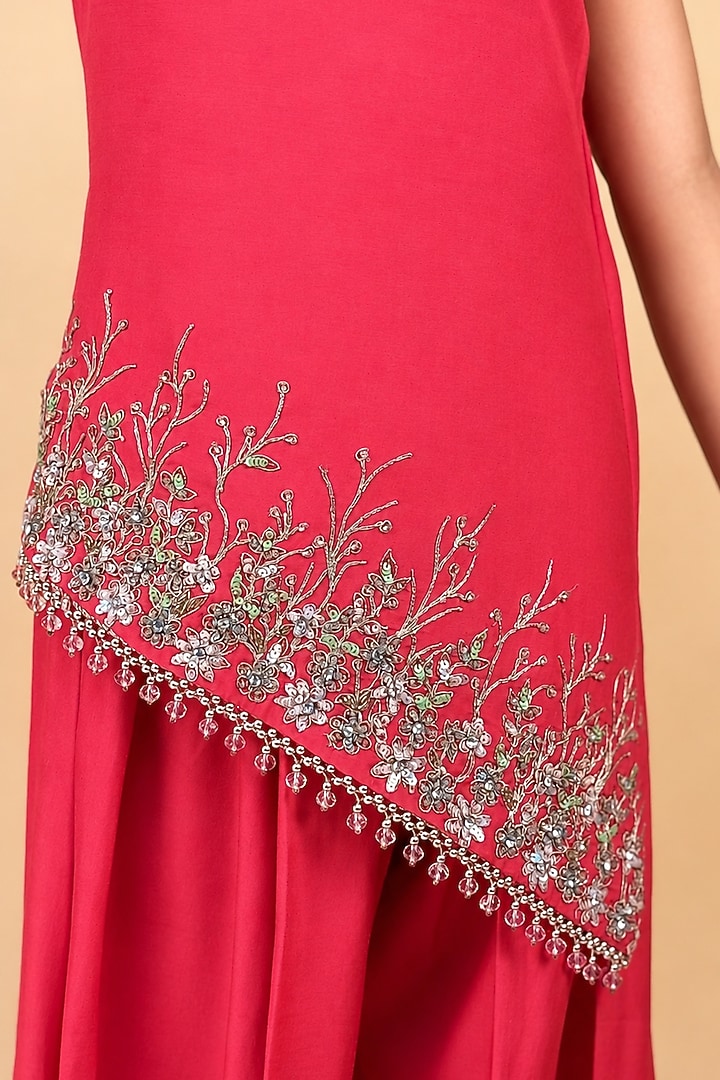 Punch Pink Cotton Chambray Embroidered Tunic Set For Girls by TURQIDZ at Pernia's Pop Up Shop