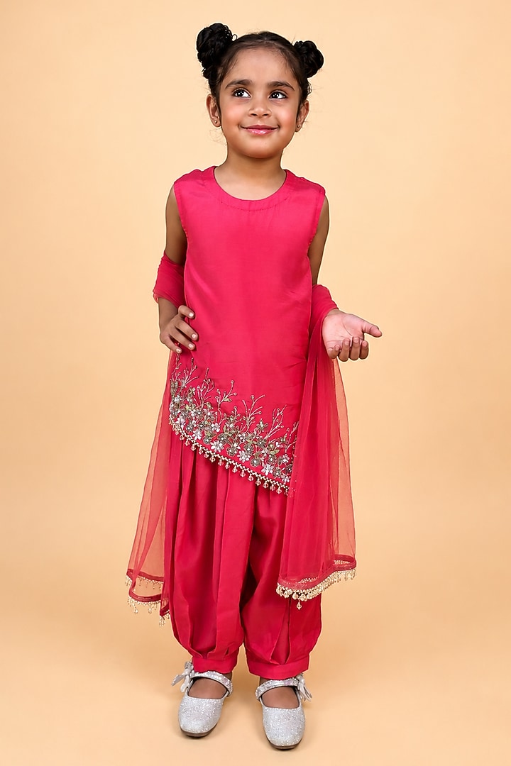 Punch Pink Cotton Chambray Embroidered Tunic Set For Girls by TURQIDZ at Pernia's Pop Up Shop