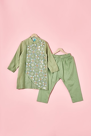 Sage Green Chanderi Embroidered Kurta Set For Boys by TURQIDZ