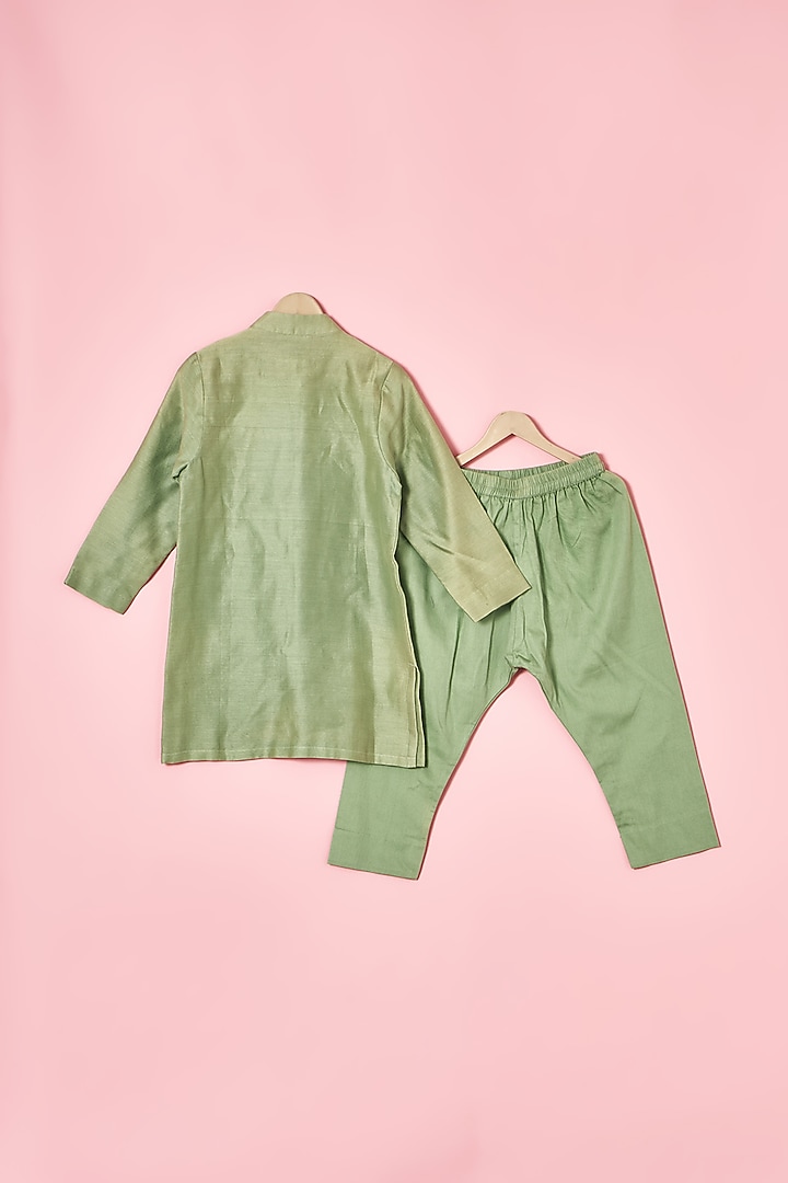 Sage Green Chanderi Embroidered Kurta Set For Boys by TURQIDZ at Pernia's Pop Up Shop