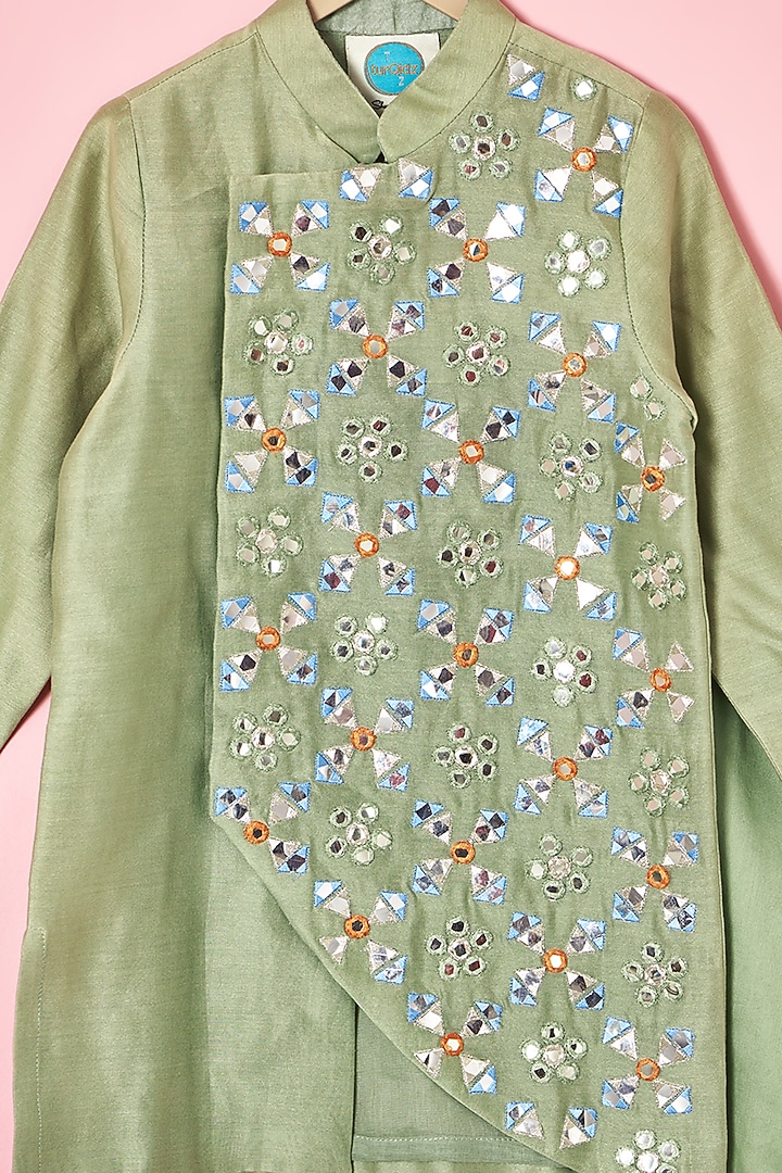 Sage Green Chanderi Embroidered Kurta Set For Boys by TURQIDZ at Pernia's Pop Up Shop