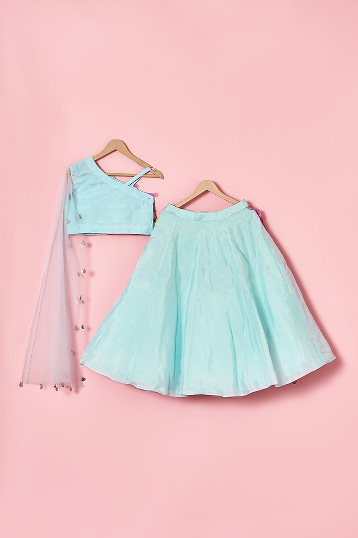 Powder Blue Upada Silk Camry Lehenga Set For Girls by TURQIDZ at Pernia's Pop Up Shop