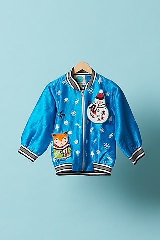 Jazz Blue Dupion Silk Bomber Jacket For Boys by TURQIDZ