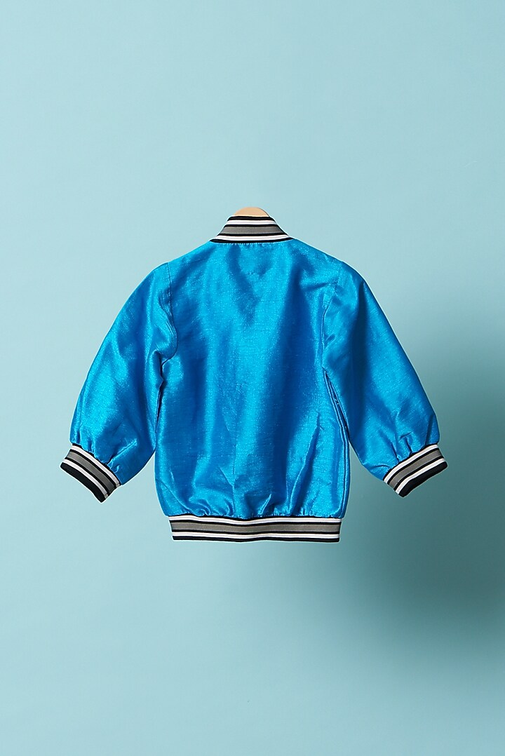Jazz Blue Dupion Silk Bomber Jacket For Boys by TURQIDZ at Pernia's Pop Up Shop