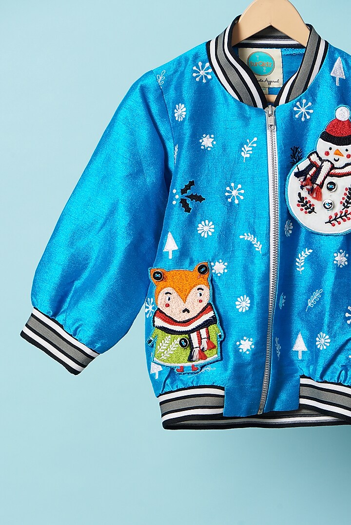 Jazz Blue Dupion Silk Bomber Jacket For Boys by TURQIDZ at Pernia's Pop Up Shop