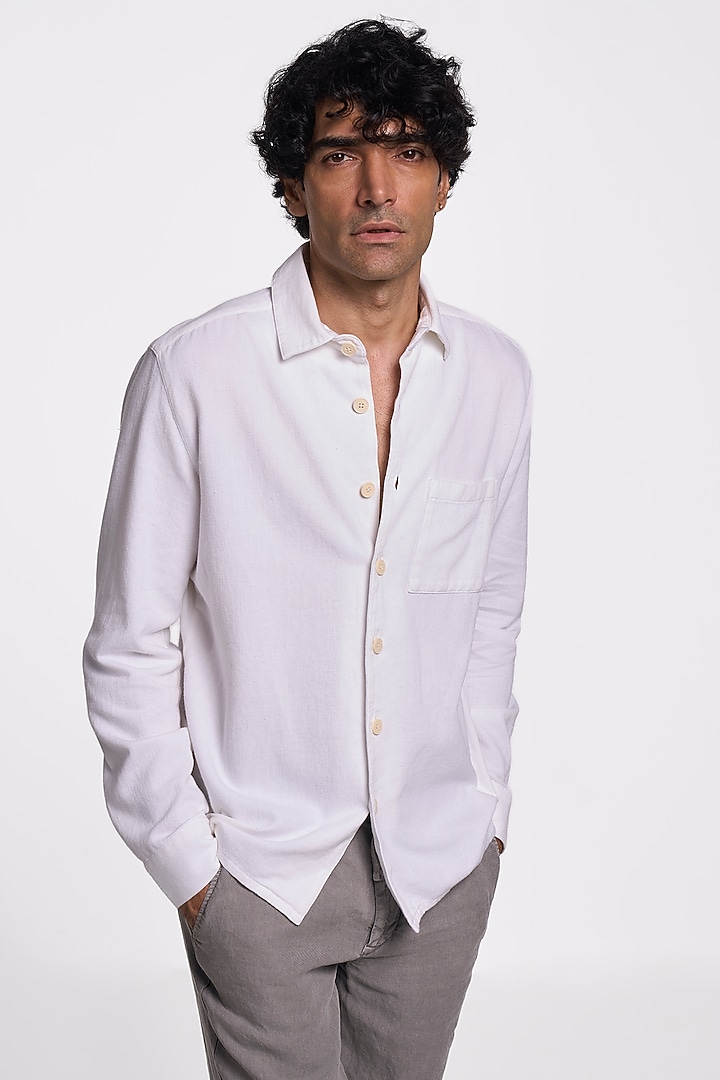 Denim White Organic Khadi Cotton Party Wear Shirt by TERRA LUNA at Pernia's Pop Up Shop