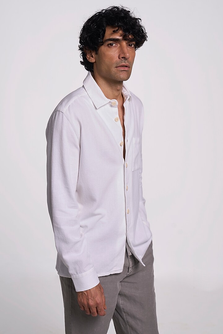 Denim White Organic Khadi Cotton Party Wear Shirt by TERRA LUNA at Pernia's Pop Up Shop