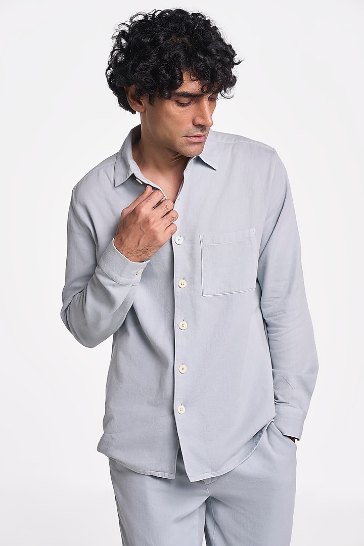 Pearl Blue Organic Khadi Cotton Handspun Party Wear Shirt by TERRA LUNA at Pernia's Pop Up Shop