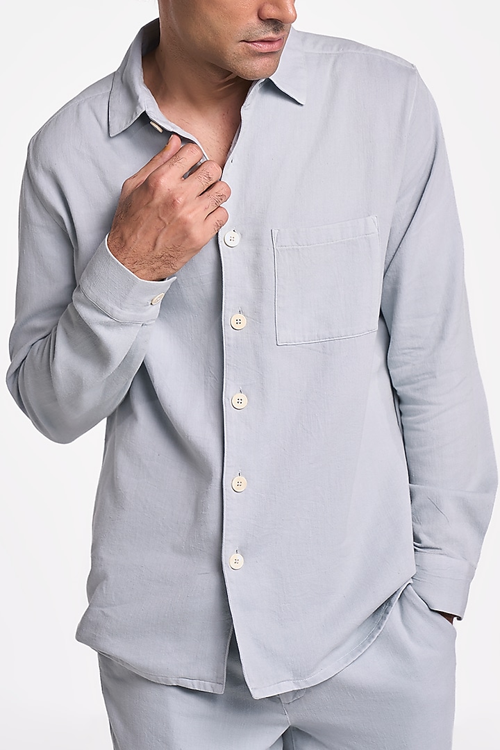 Pearl Blue Organic Khadi Cotton Handspun Party Wear Shirt by TERRA LUNA at Pernia's Pop Up Shop