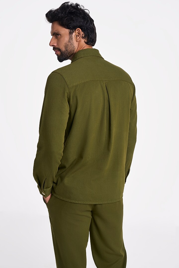 Olive Organic Khadi Cotton Handspun Party Wear Shirt by TERRA LUNA at Pernia's Pop Up Shop