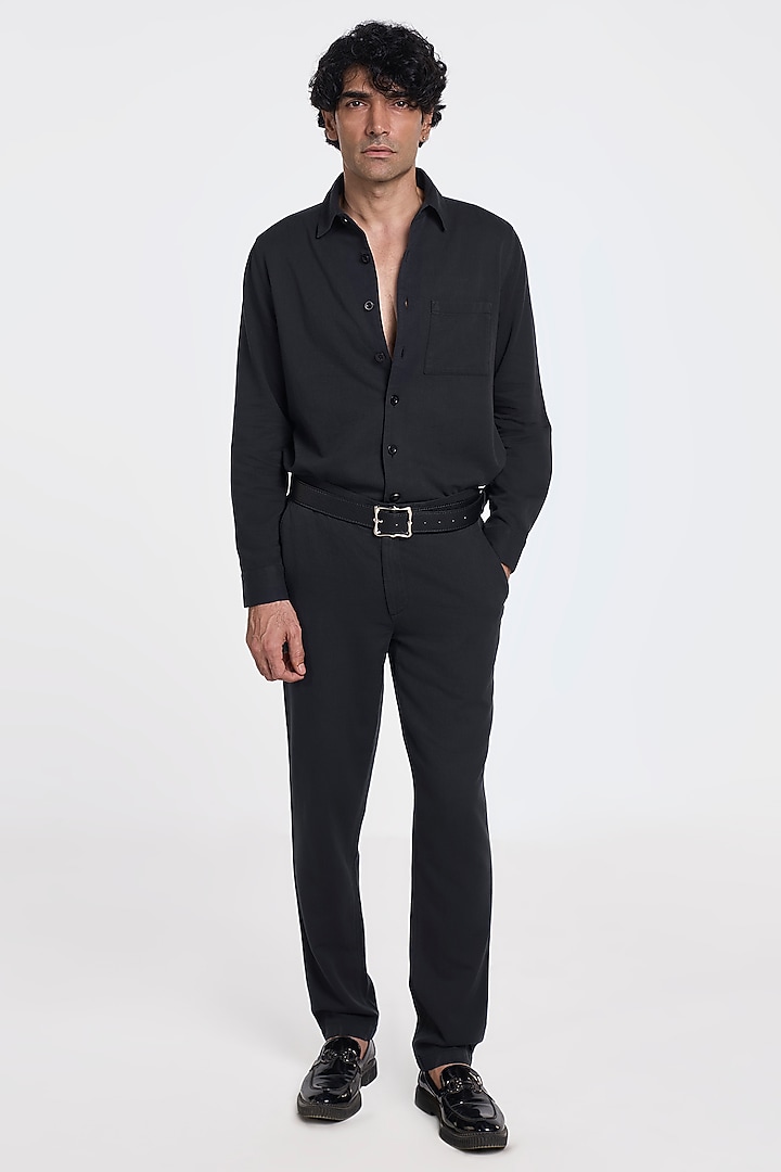 Black Organic Khadi Cotton Handspun Party Wear Shirt by TERRA LUNA at Pernia's Pop Up Shop
