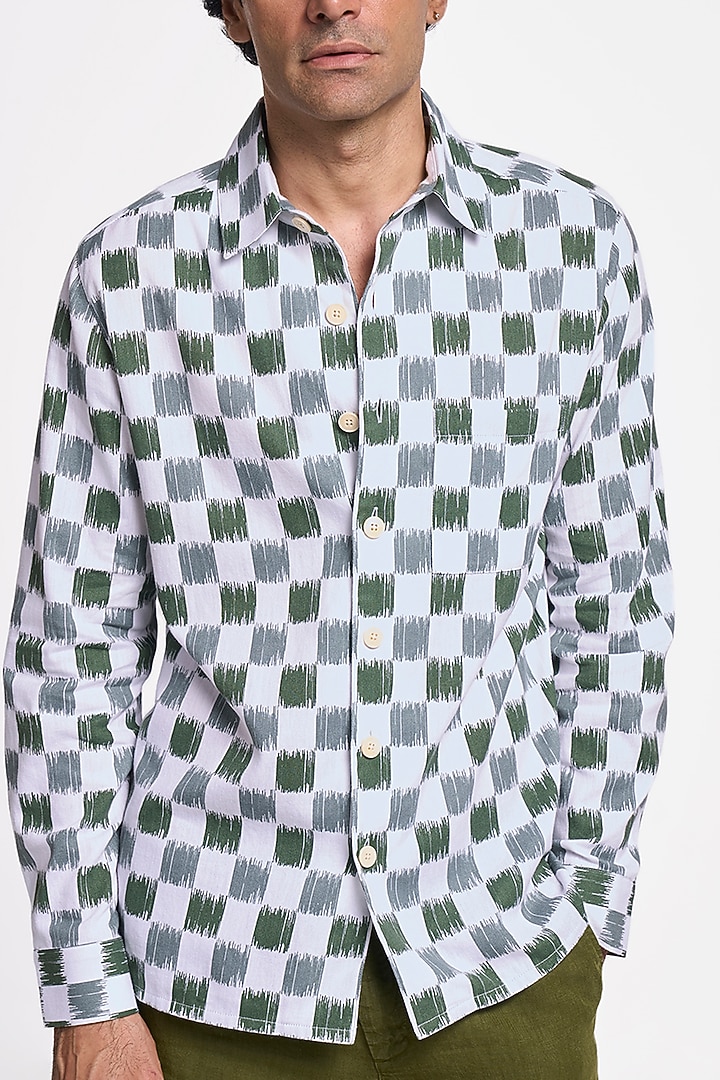 Olive Organic Khadi Cotton Handspun Party Wear Shirt by TERRA LUNA at Pernia's Pop Up Shop