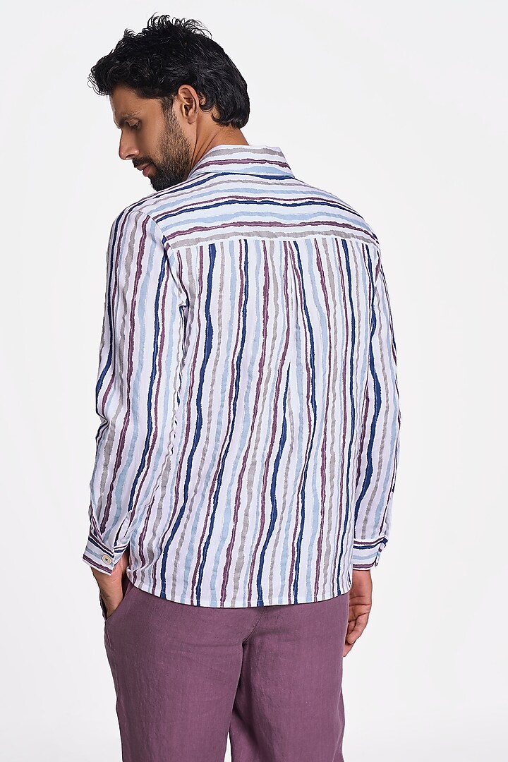 Multi-Colored Constellation Organic Khadi Cotton Handspun Stripe Printed Party Wear Shirt by TERRA LUNA at Pernia's Pop Up Shop
