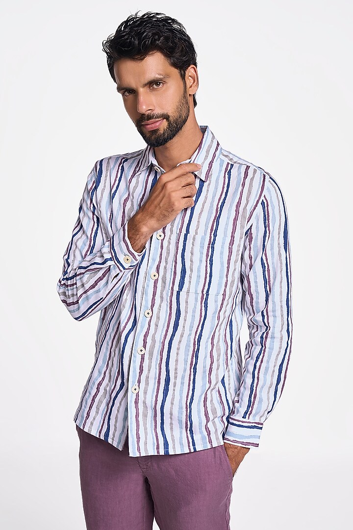 Multi-Colored Constellation Organic Khadi Cotton Handspun Stripe Printed Party Wear Shirt by TERRA LUNA at Pernia's Pop Up Shop