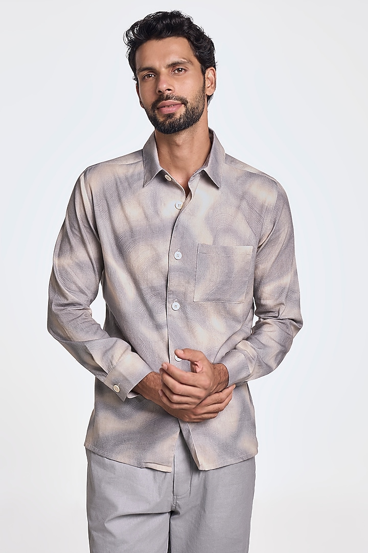 Walnut Grey Organic Khadi Cotton Handspun Printed Shirt by TERRA LUNA