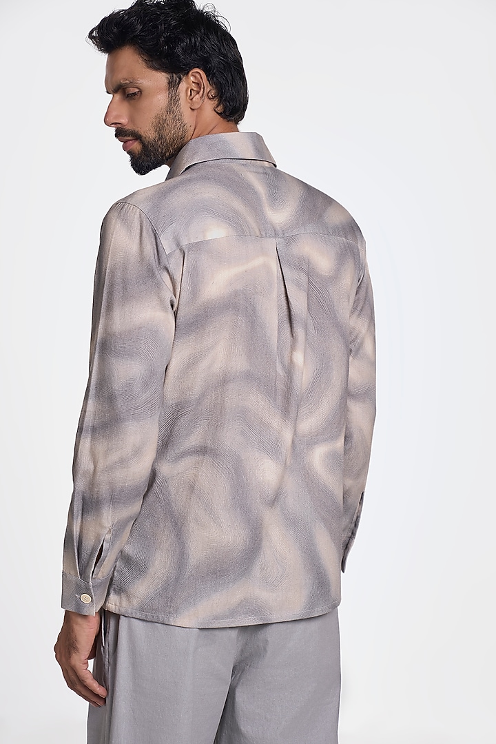 Walnut Grey Organic Khadi Cotton Handspun Printed Party Wear Shirt by TERRA LUNA at Pernia's Pop Up Shop
