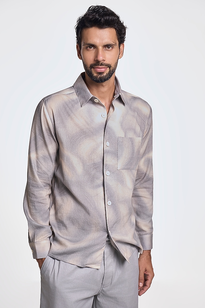 Walnut Grey Organic Khadi Cotton Handspun Printed Party Wear Shirt by TERRA LUNA at Pernia's Pop Up Shop