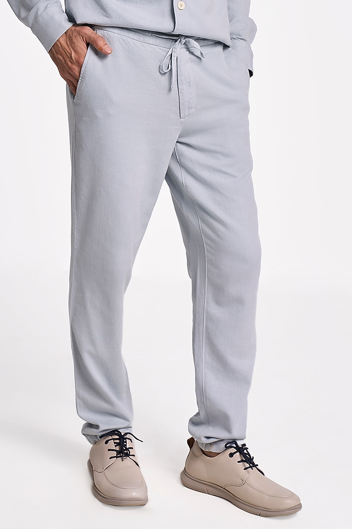 Pearl Blue Organic Khadi Cotton Handspun Drawstring Pants by TERRA LUNA at Pernia's Pop Up Shop