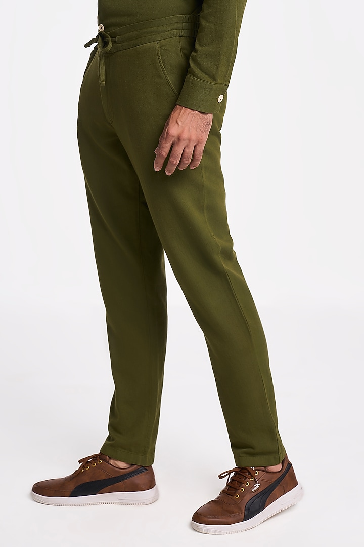 Olive Organic Khadi Cotton Handspun Drawstring Pants by TERRA LUNA at Pernia's Pop Up Shop
