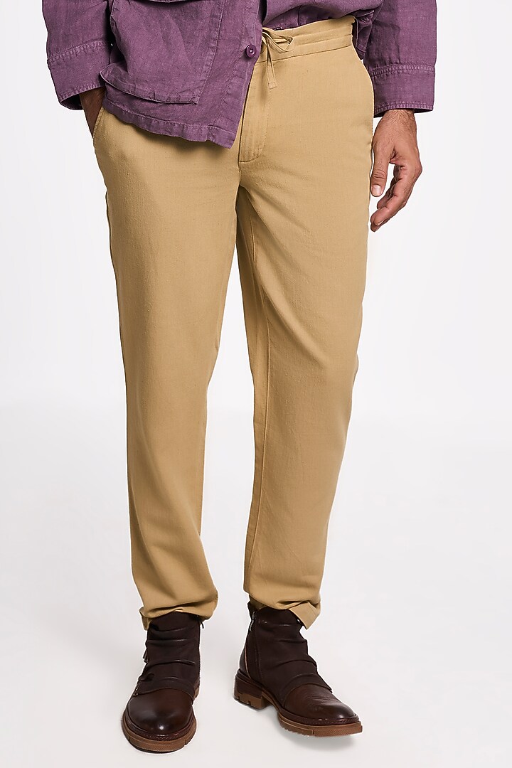 Camel-Colored Organic Khadi Cotton Handspun Drawstring Pants by TERRA LUNA at Pernia's Pop Up Shop