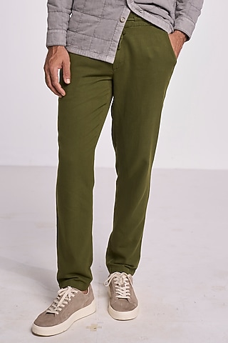 Olive Linen Handspun Drawstring Pants by TERRA LUNA