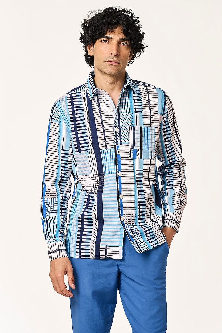 Blue Organic Khadi Cotton Party Wear Shirt by TERRA LUNA at Pernia's Pop Up Shop