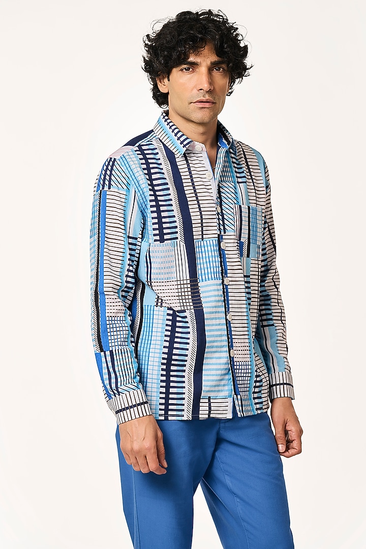 Blue Organic Khadi Cotton Party Wear Shirt by TERRA LUNA at Pernia's Pop Up Shop